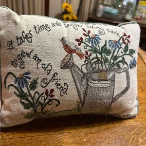 Decorative Tapestry Pillow with Watering Can and Flowers Friends